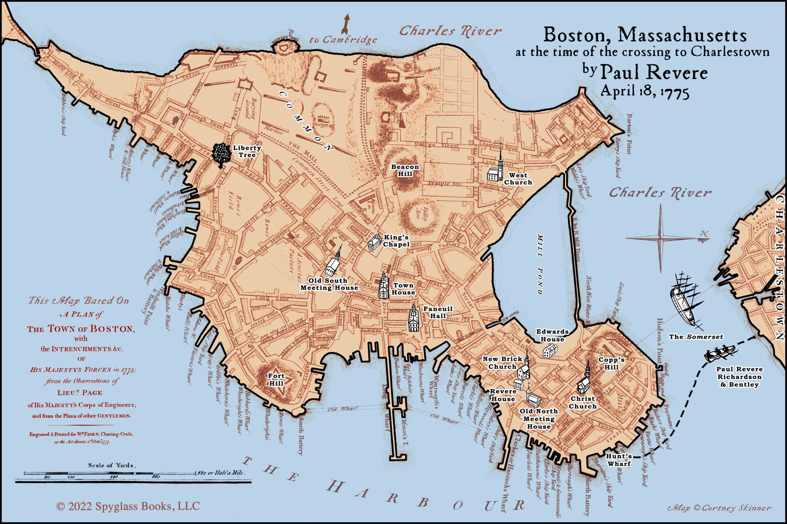 Map of Boston at the time of the crossing to Charlestown by Paul Revere
